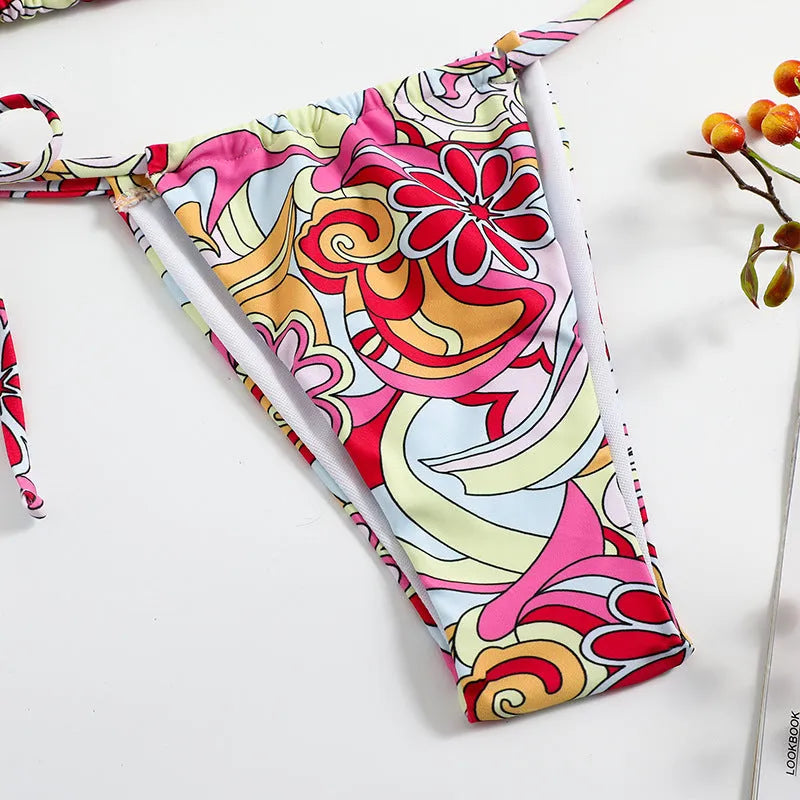 Women's triangle print bikini separate system with adjustable hanging neck design in multicolour pattern
