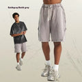 Men's batik washed patch craft shorts in pure cotton terry fabric with loose retro street style fit