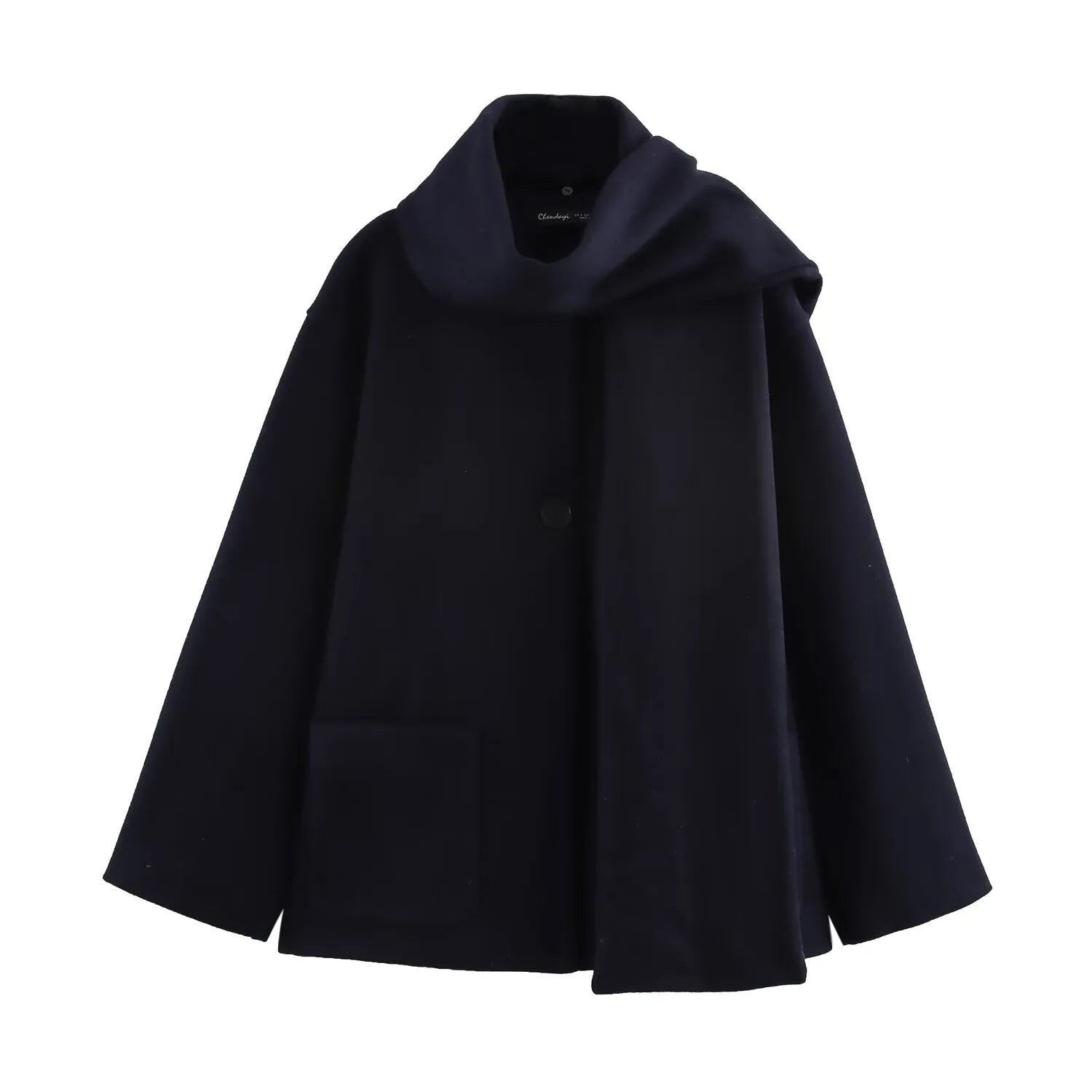 Women's long black overcoat with artificial fur collar, pockets and extended 100cm length