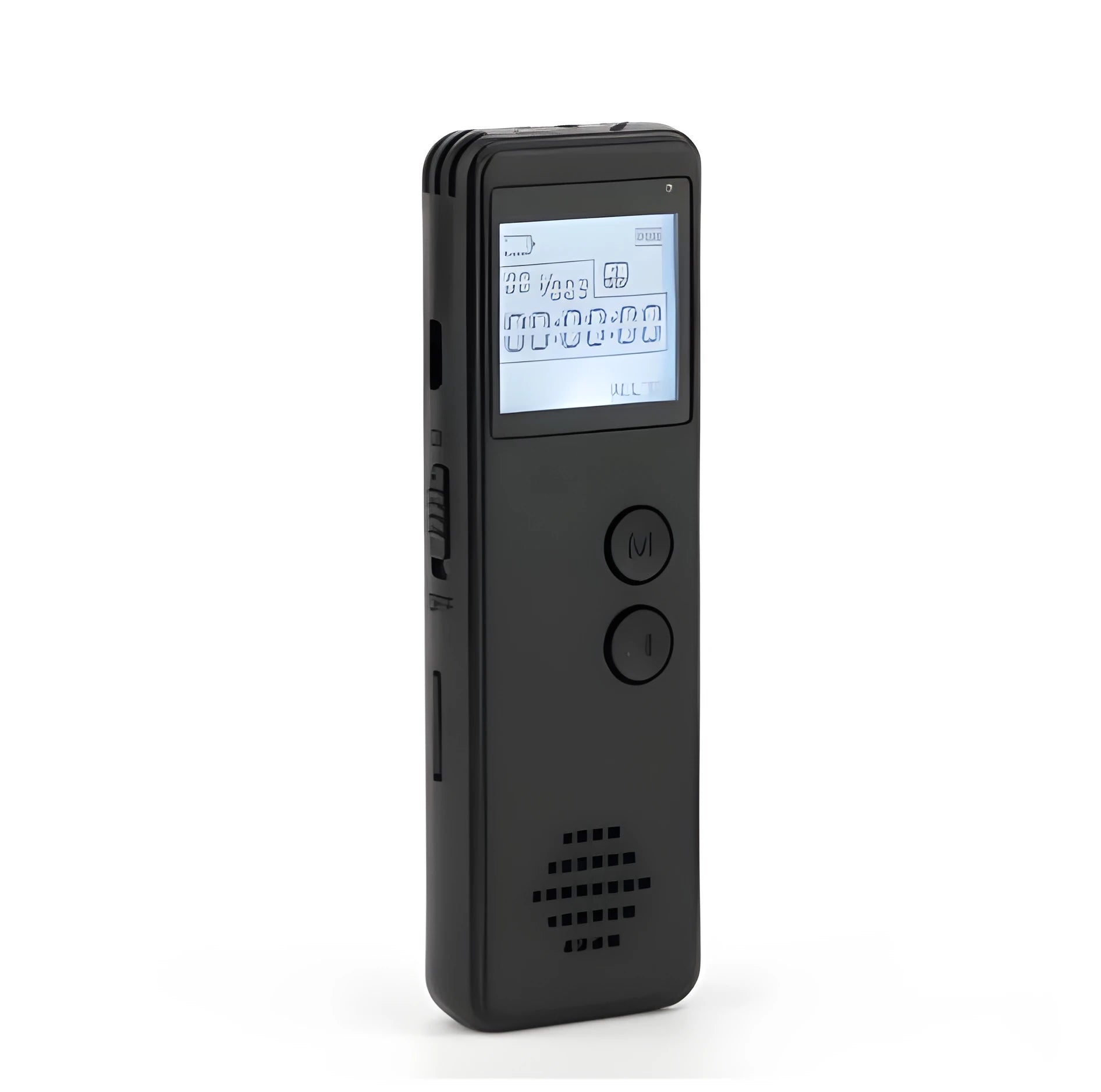 Black digital voice recorder with dot matrix screen showing recording time.