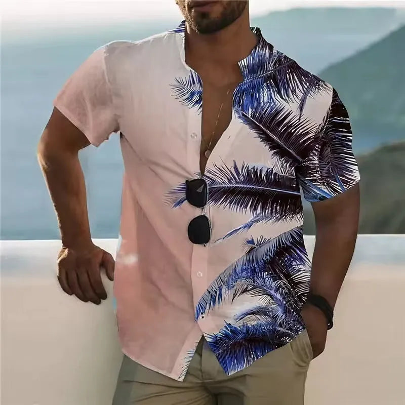 Man wearing a loose-fit floral print short sleeve cardigan shirt in a casual setting.