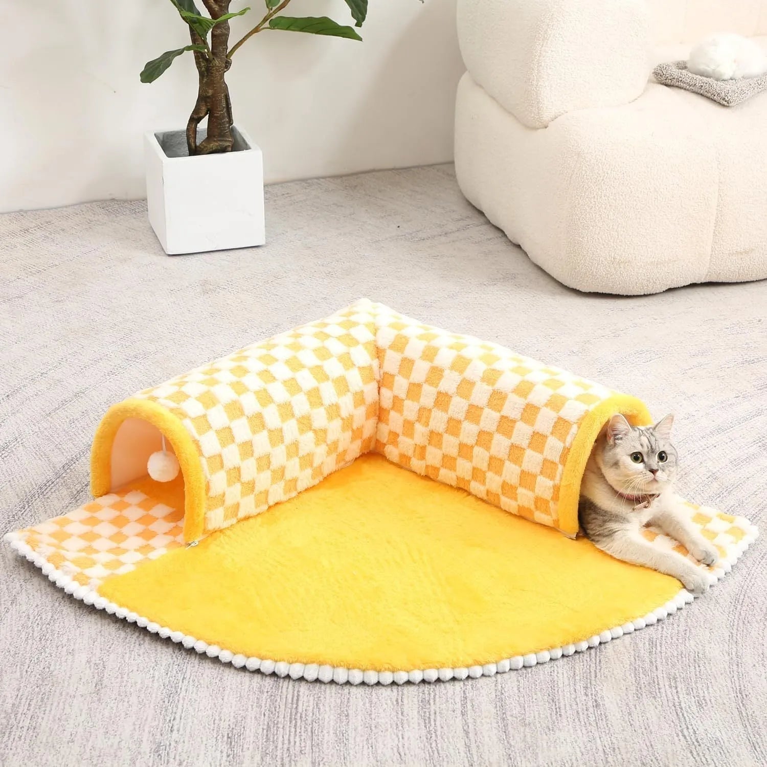 Fan-shaped plush pet bed with integrated tunnel, XL size 80cm, coffee colour with anti-slip base