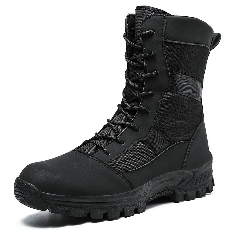 Men's plus size mesh high-top shoes in black and camouflage colours showing sports style combat boot design