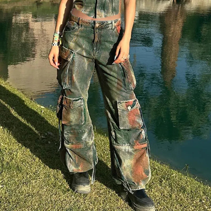 Men's loose cargo denim trousers with gradient colour pockets and multiple tooling-style compartments