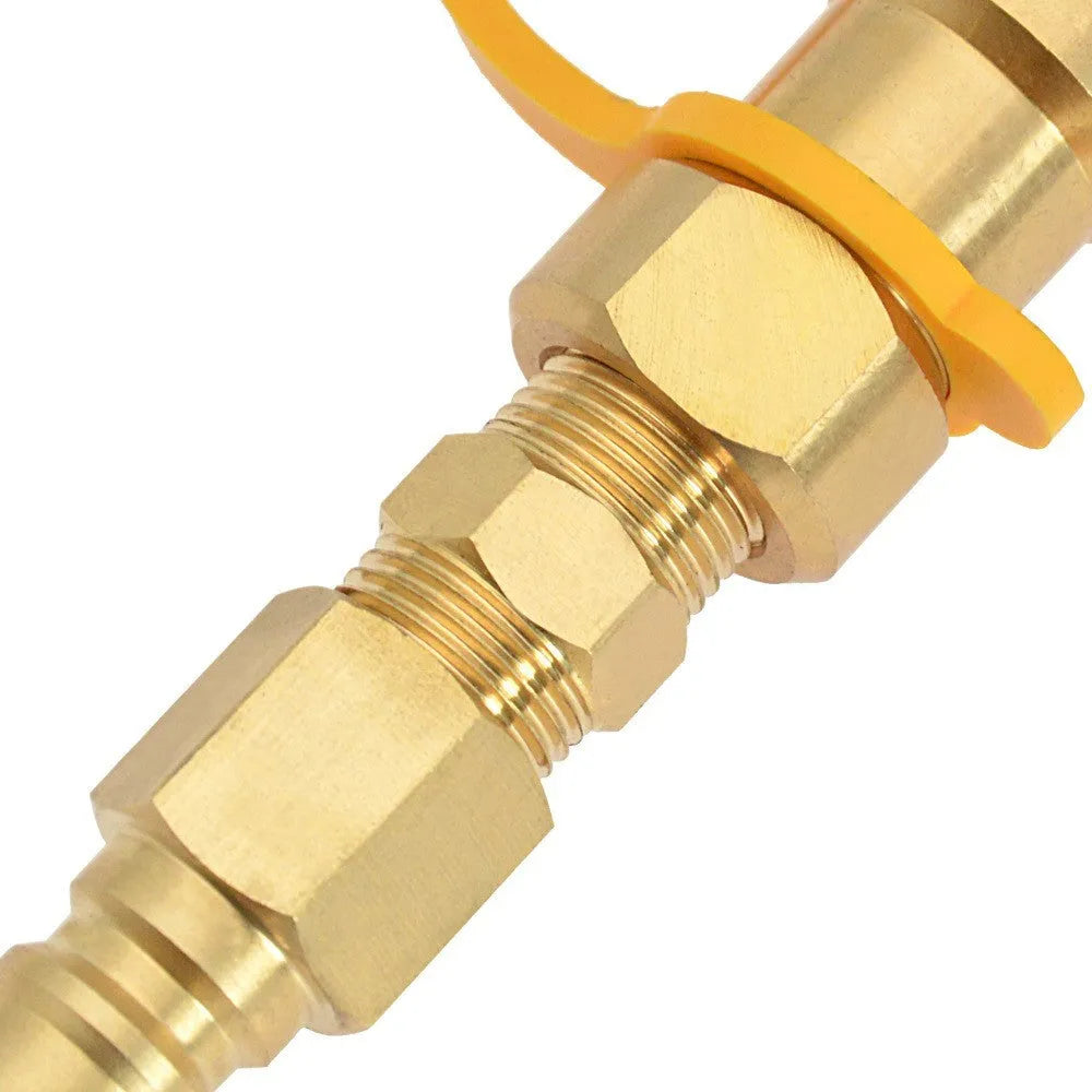 Gold-coloured brass 3/8 gas tank connector for propane conversion with American standard thread