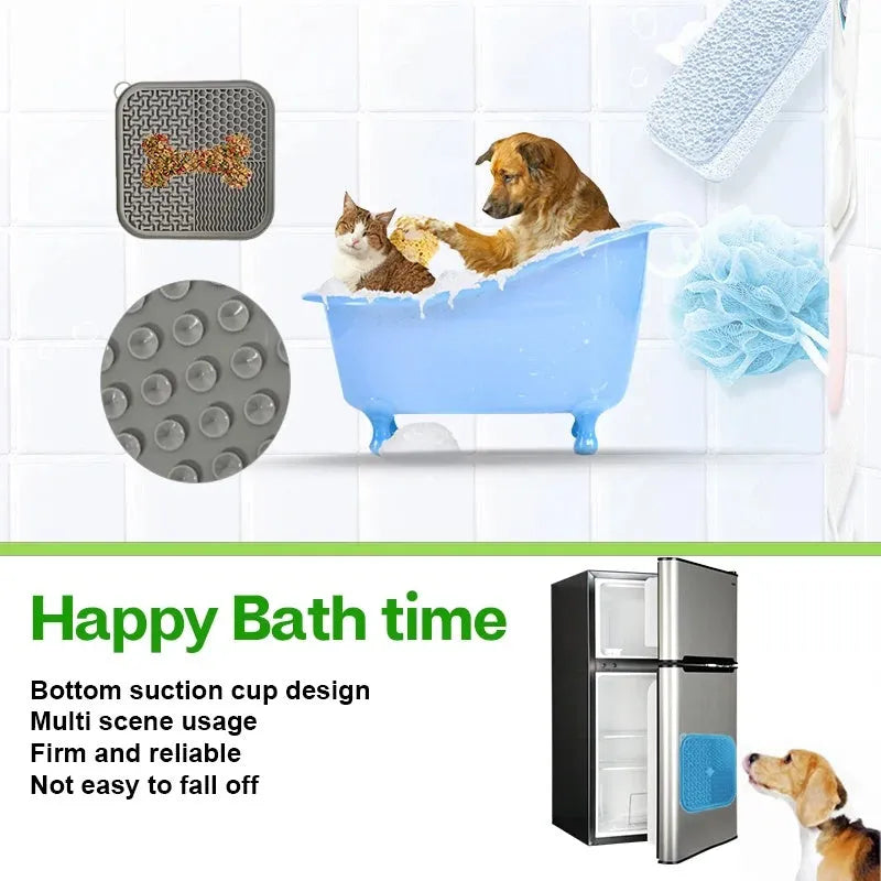 Blue silicone dog lick mat with textured surface and suction cups on back, shown on a tiled floor.