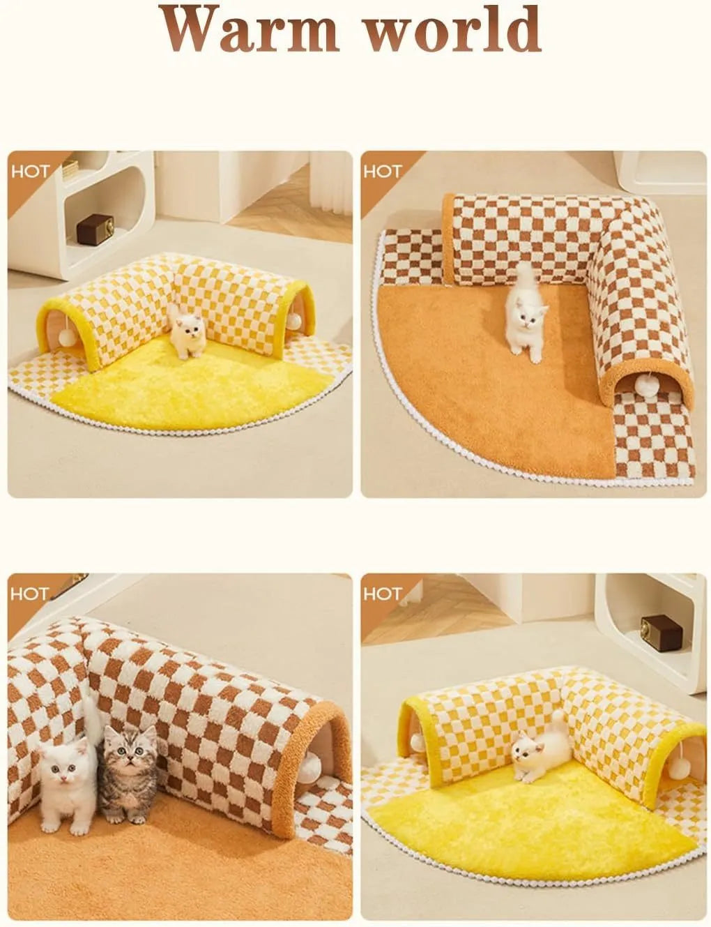 Brown plaid cat tunnel bed with central mat, showing non-slip bottom and large XL size.