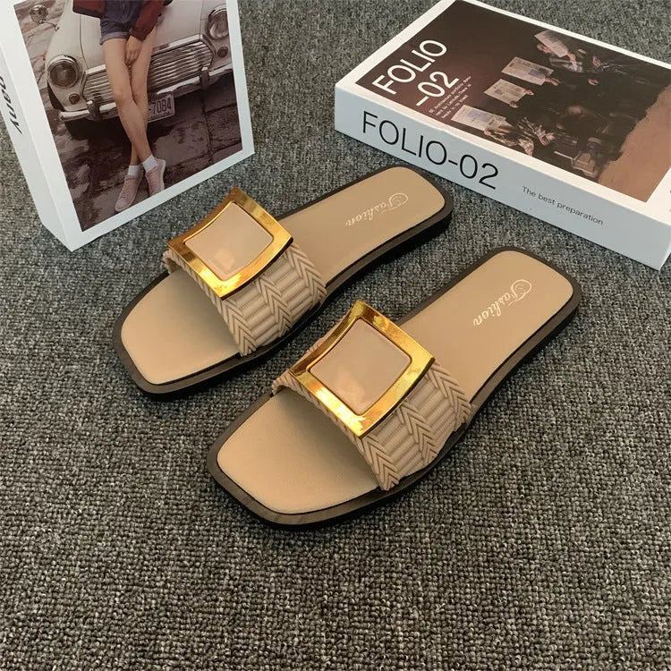 Women's casual summer flat slippers in apricot, black, or khaki with waterproof PVC soles