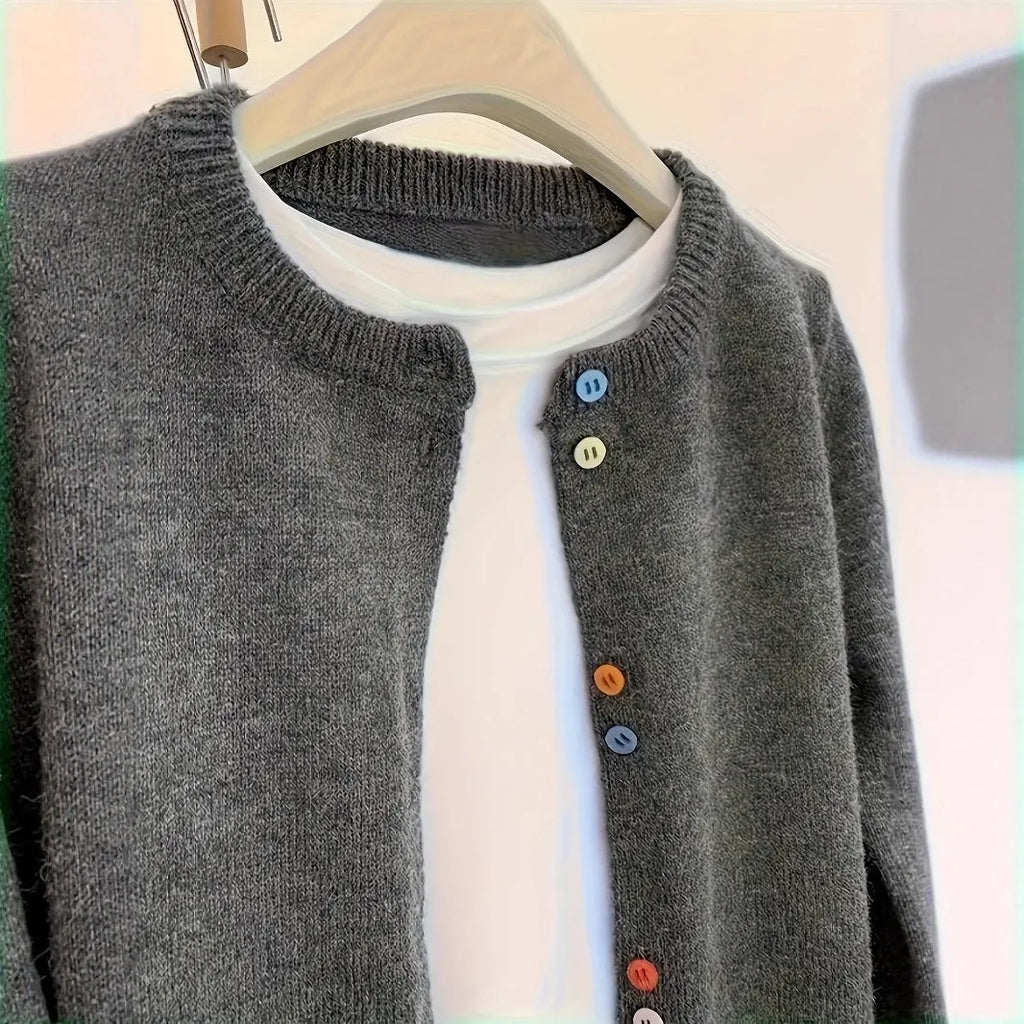 Women's dark grey polyester cardigan with button front and regular long sleeves