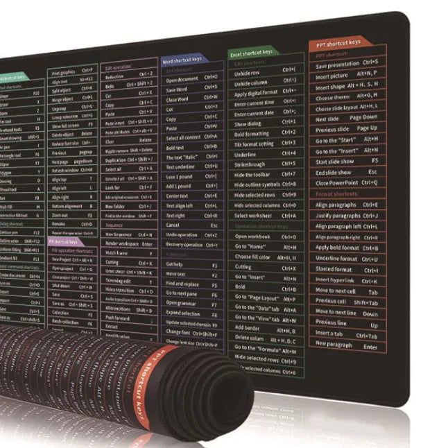 Large black office mouse mat with white printed calculator and keyboard shortcut keys diagram.