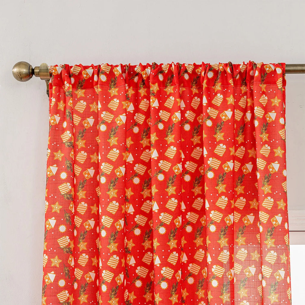 Red and green Snowman Angel printed fabric Christmas curtain, 1 metre long