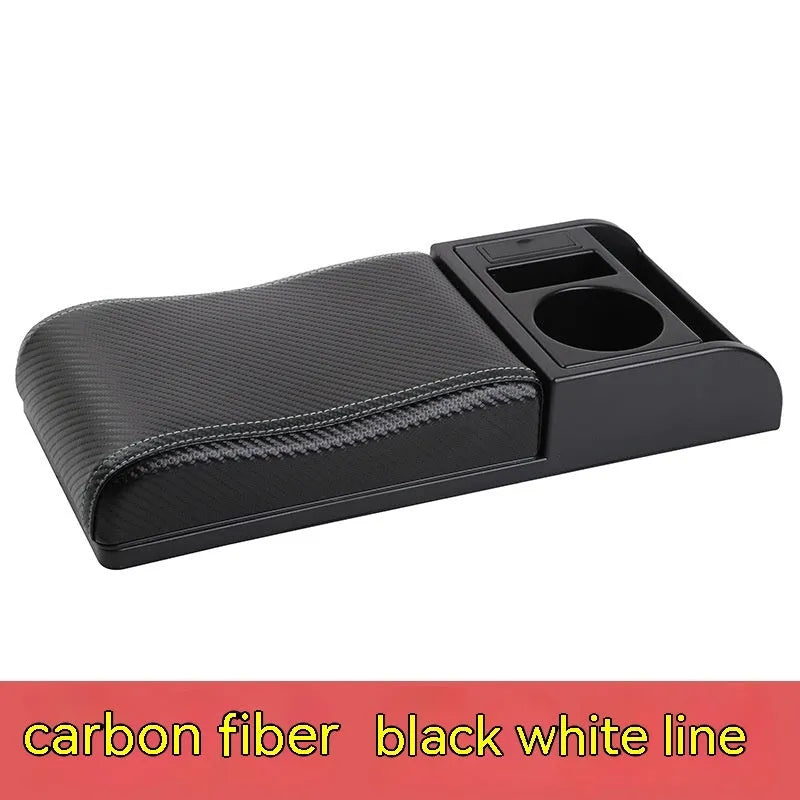 Universal height-adjustable car armrest cover with PU leather or carbon fibre pattern