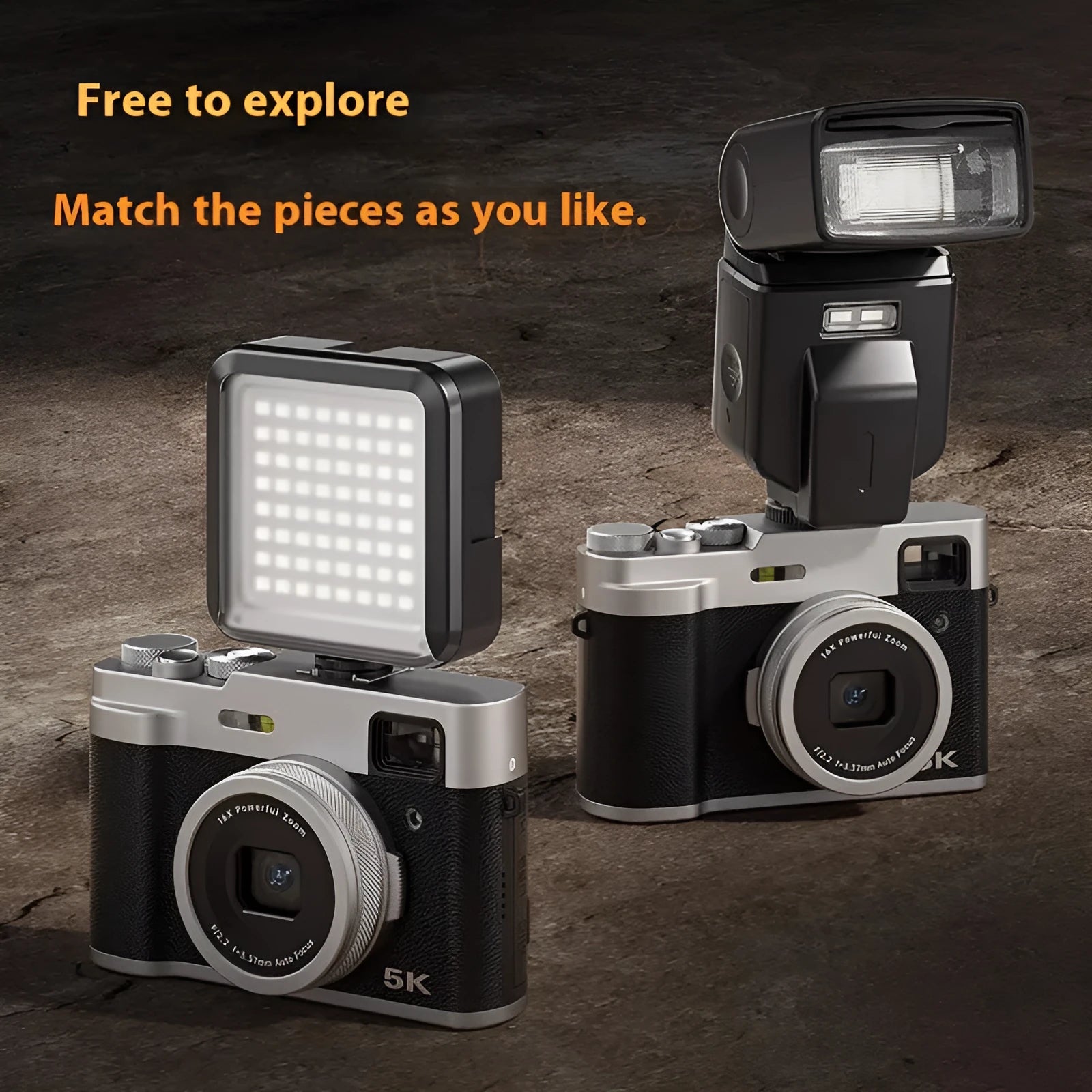 Black 5K HD digital camera with optical viewfinder and 2.88-inch screen shown with included accessories.