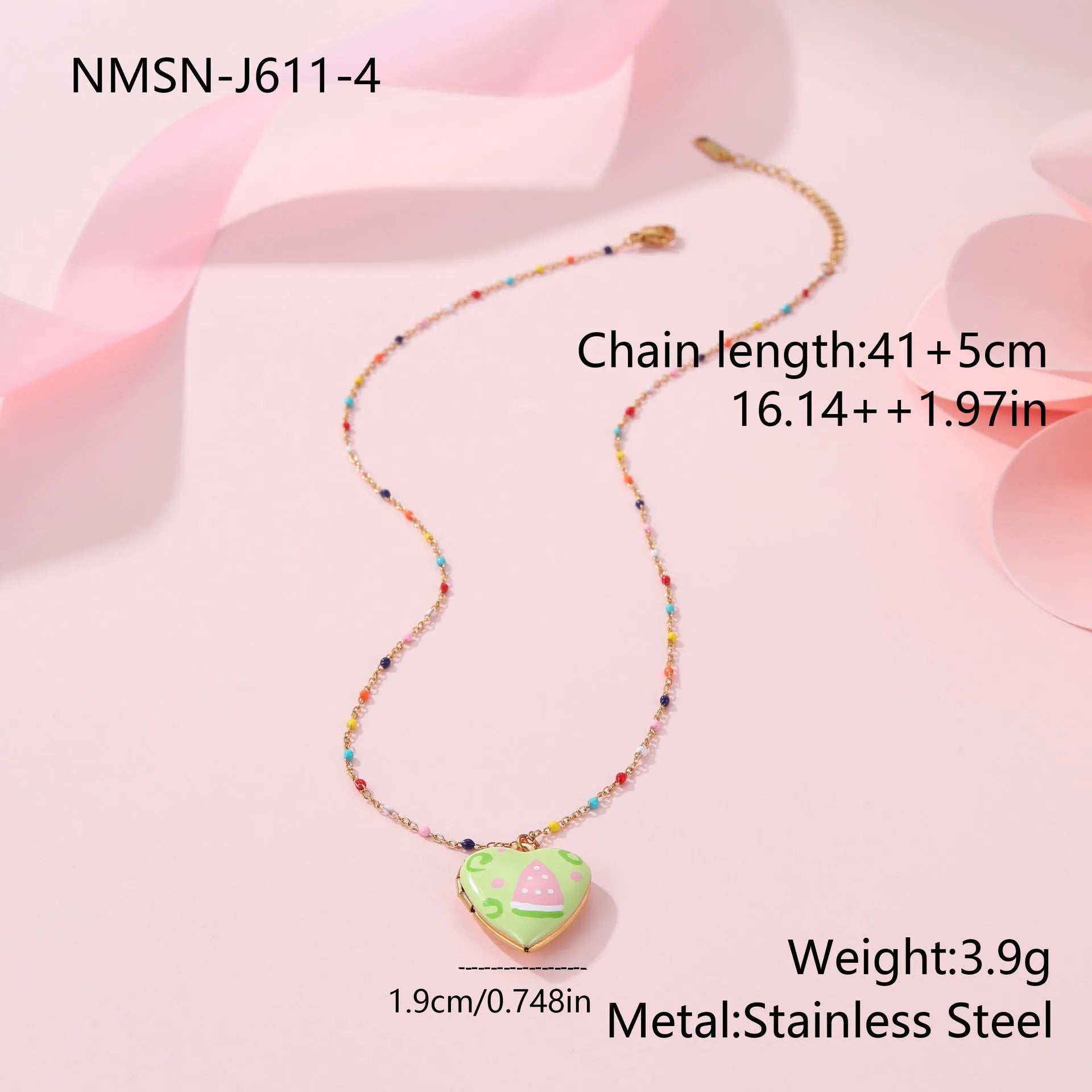 Women's stainless steel necklace with 18K gold plating showing heart pendant with fruit designs