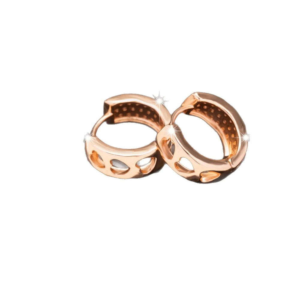 Rose gold electroplated women's earrings with three hollow heart designs in circular frame