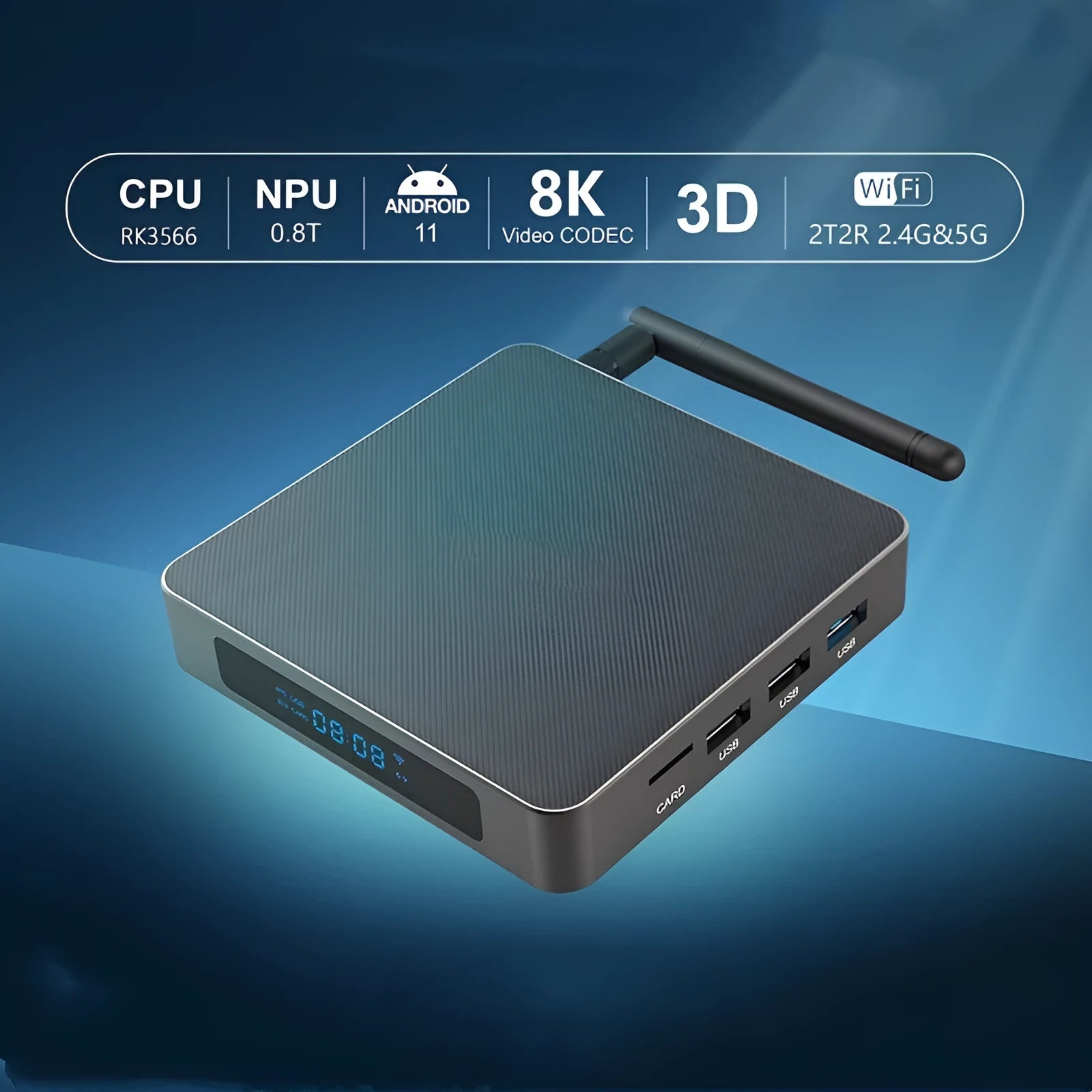 Android TV streaming box for 8K video with remote control and HDMI cable