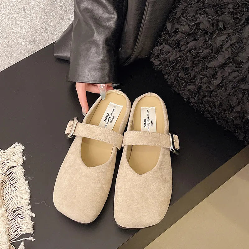 Women's flat closed toe half slippers in apricot colour with square toe and rubber sole