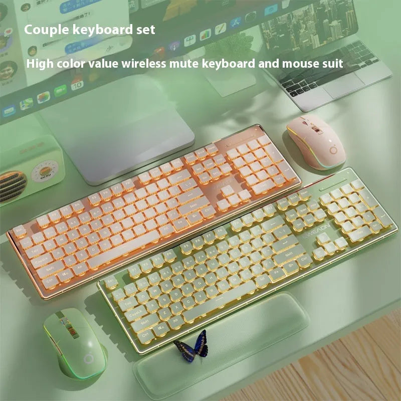 Prewalker V3 mute keyboard and mouse set in Retro Green colour on a desk.