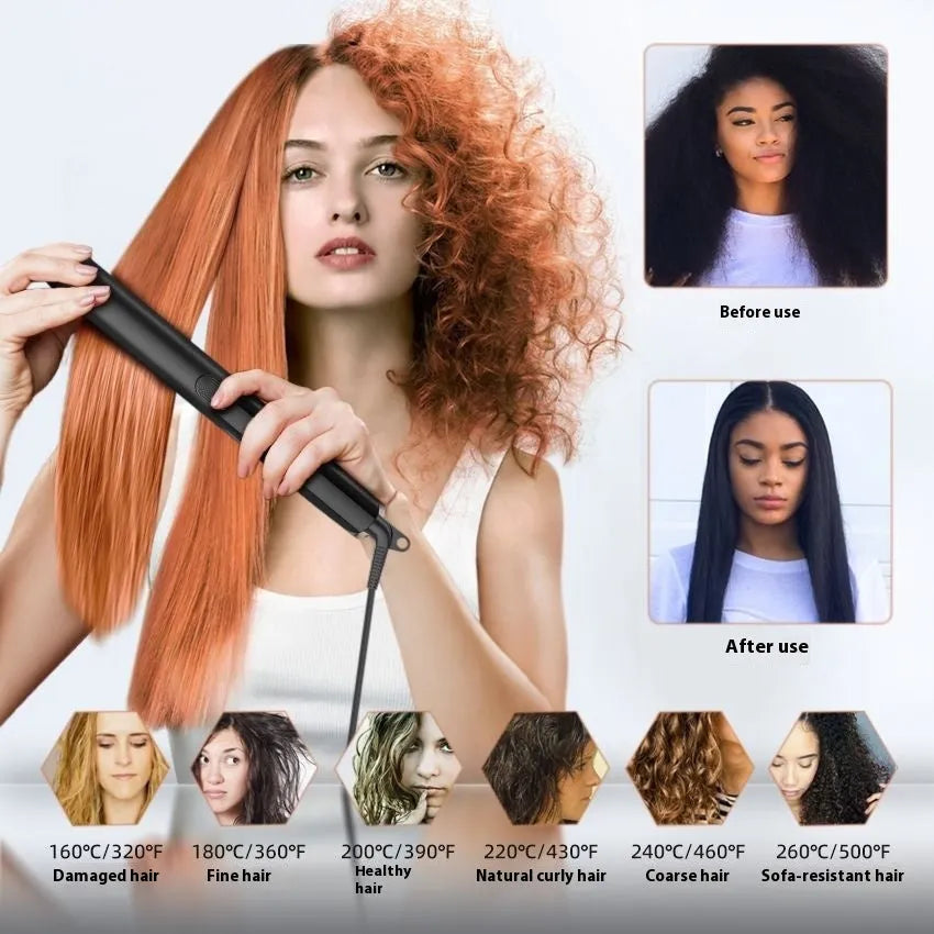 White hair straightener with digital temperature display, ceramic plates, and a fixed EU power cable.