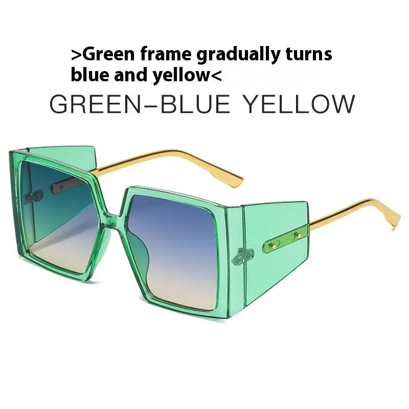 Large square frame sunglasses in seven colours: black, blue, champagne, green, hawksbill, orange, and white.