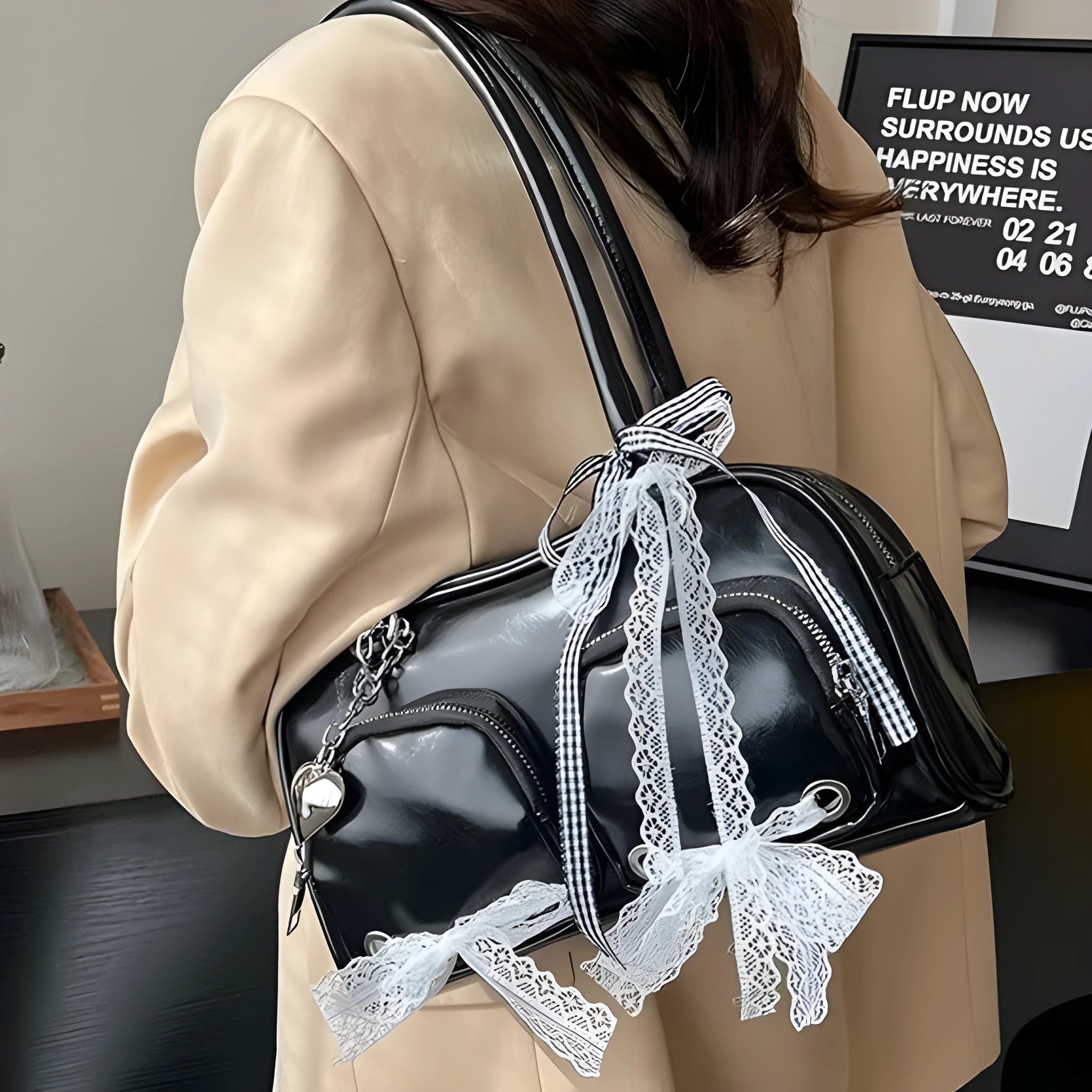Horizontal square shoulder bag in soft PU with double straps and mobile phone pocket