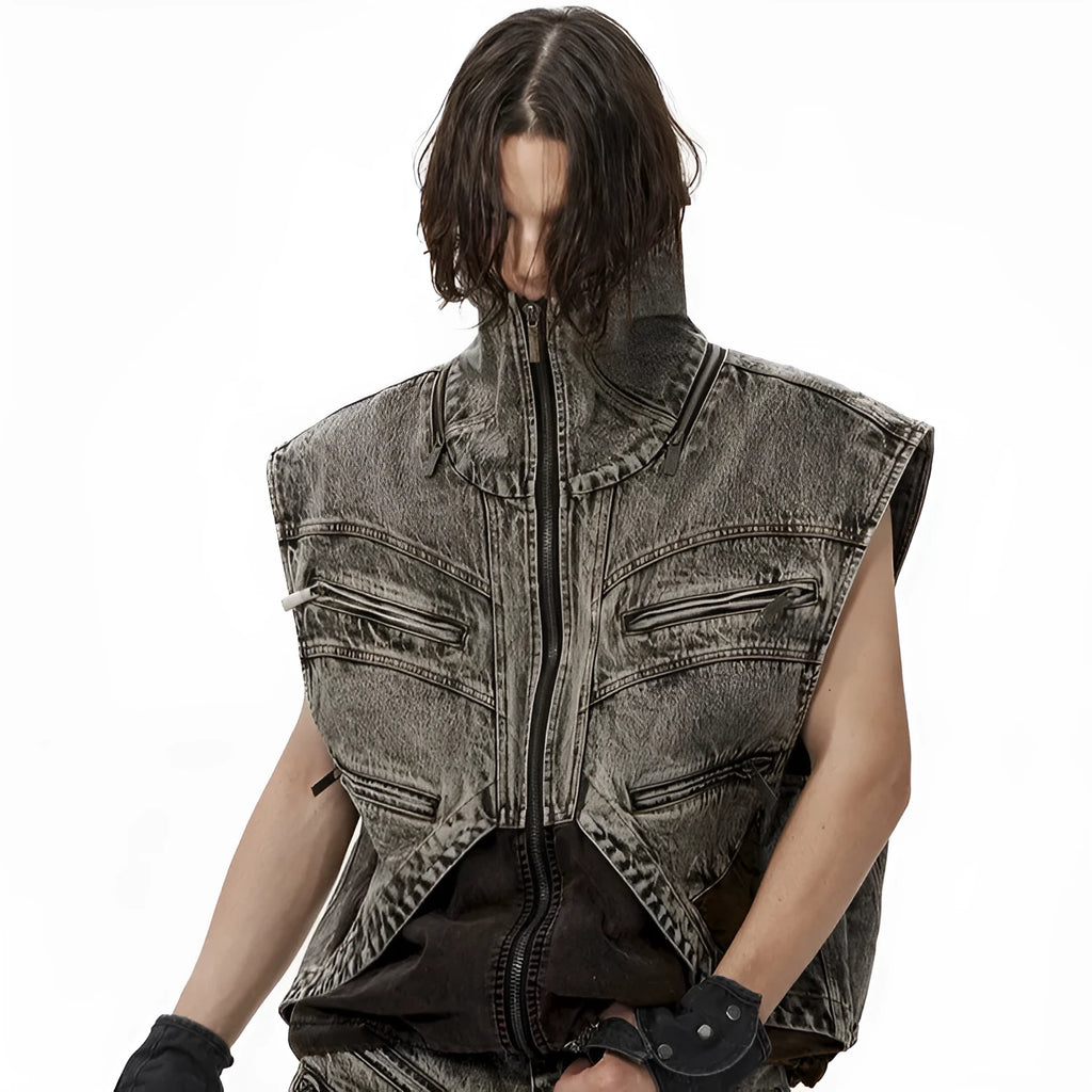 Men's sleeveless denim vest jacket with front zipper and splicing design detail.