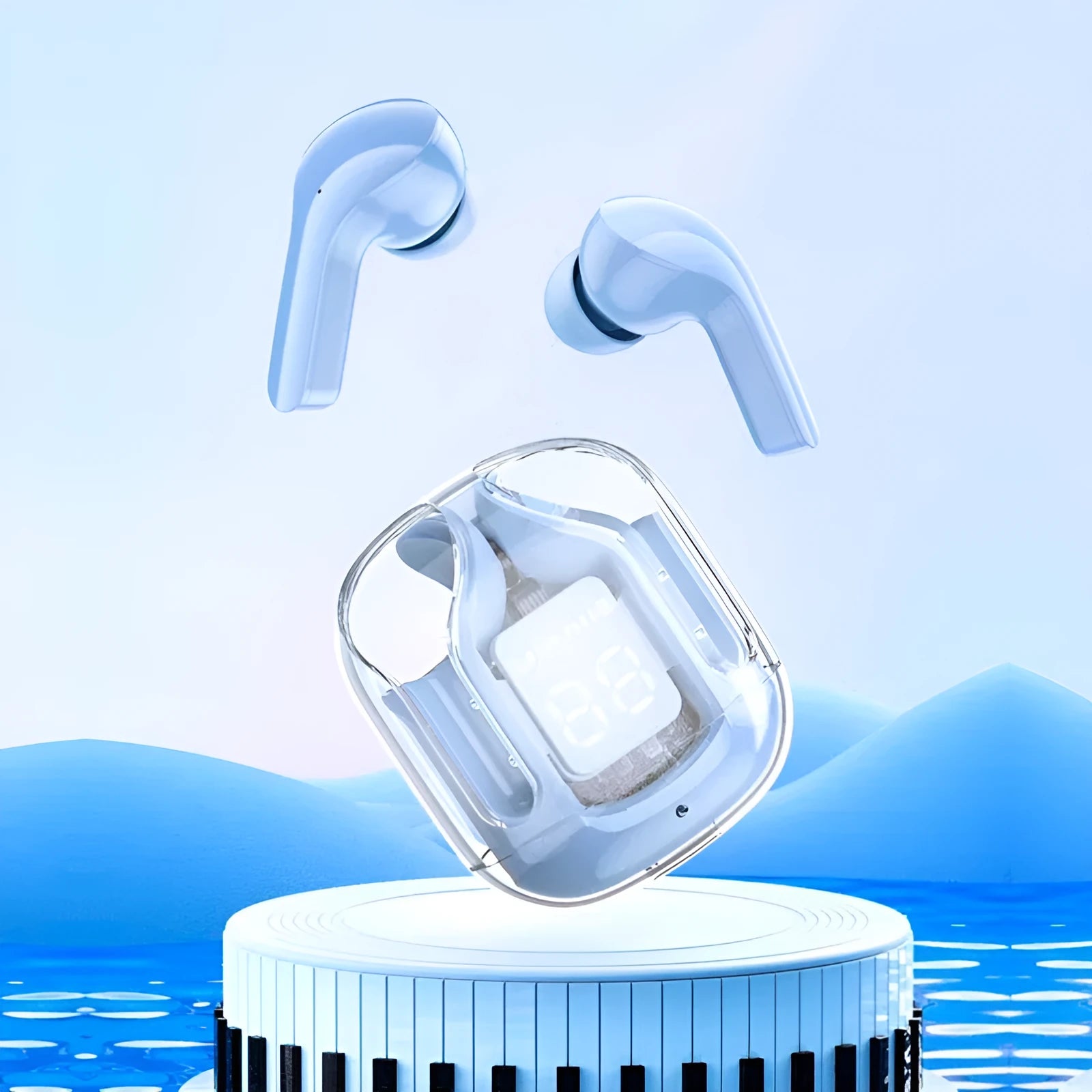 Transparent space capsule case containing true wireless Bluetooth earbuds with digital display screen