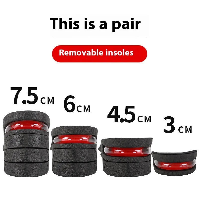 Black height increasing insole with layered design, half insole and full pad options, suitable for shoe sizes 35 to 44