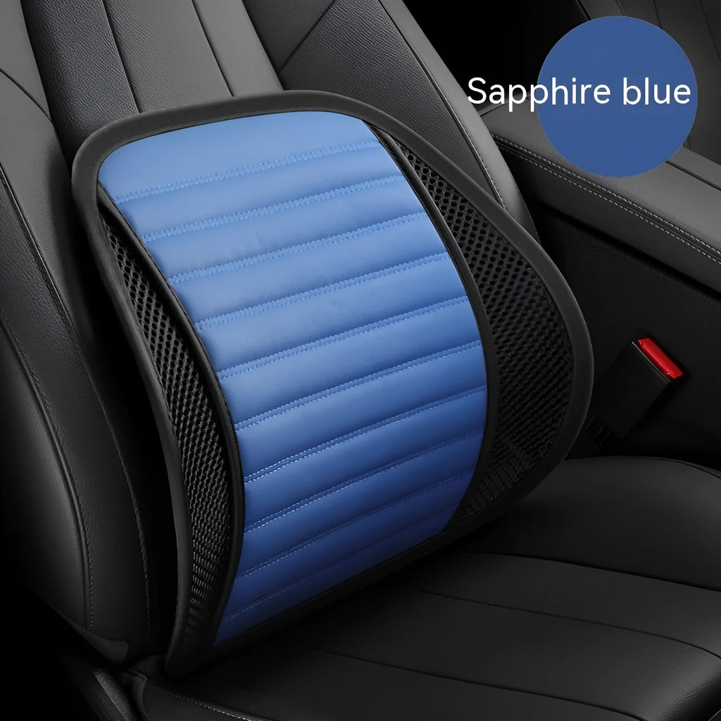 Leather car lumbar support waist back cushion pillow shown in different colours.