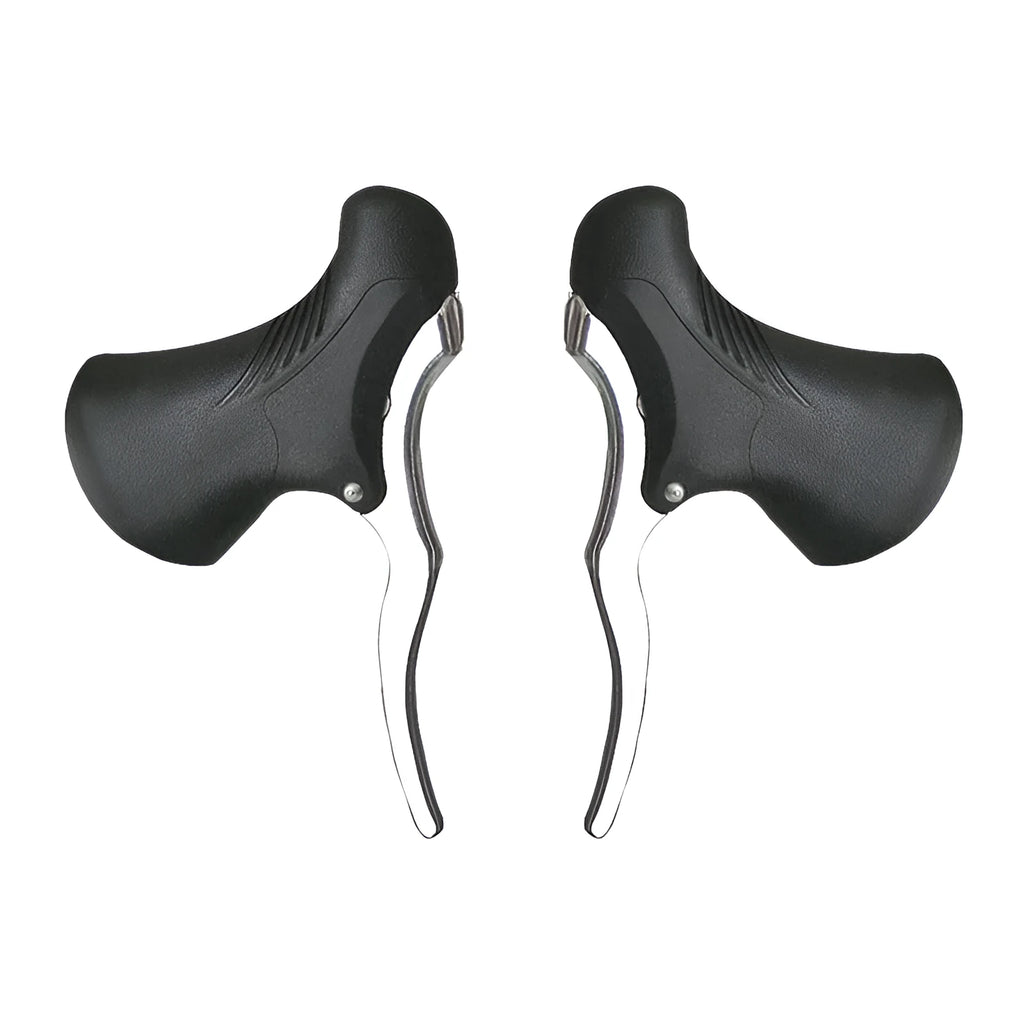 A pair of aluminium alloy road bicycle brake handles in black, showing the clamp for 22.2mm/23.8mm handlebars