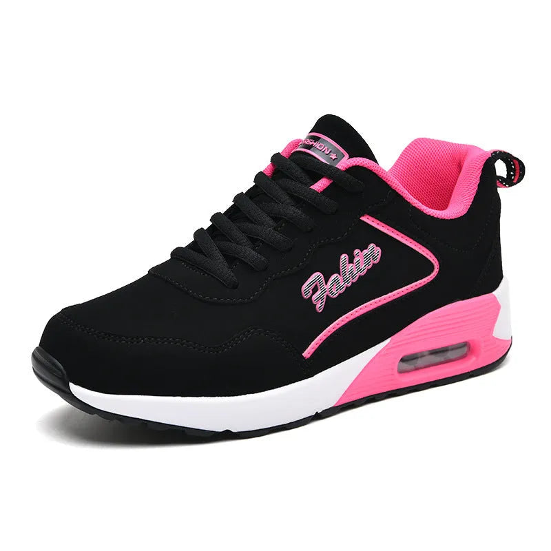 Women's spring leather air cushion sports shoes, flat heel, low top, lace-up, available in black pink and black purple colourways