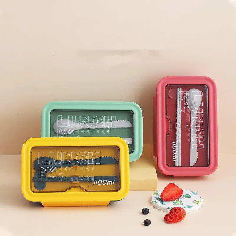 Four-layer partitioned plastic bento box in Nordic style with green, red, and yellow colour options