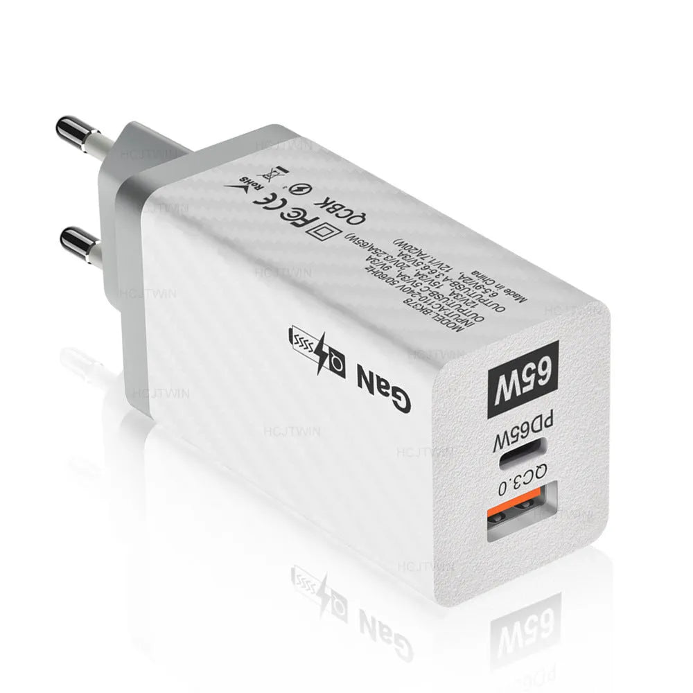 Gallium nitride 65W USB-PD laptop charger in black or white with compact dimensions and regional plug options