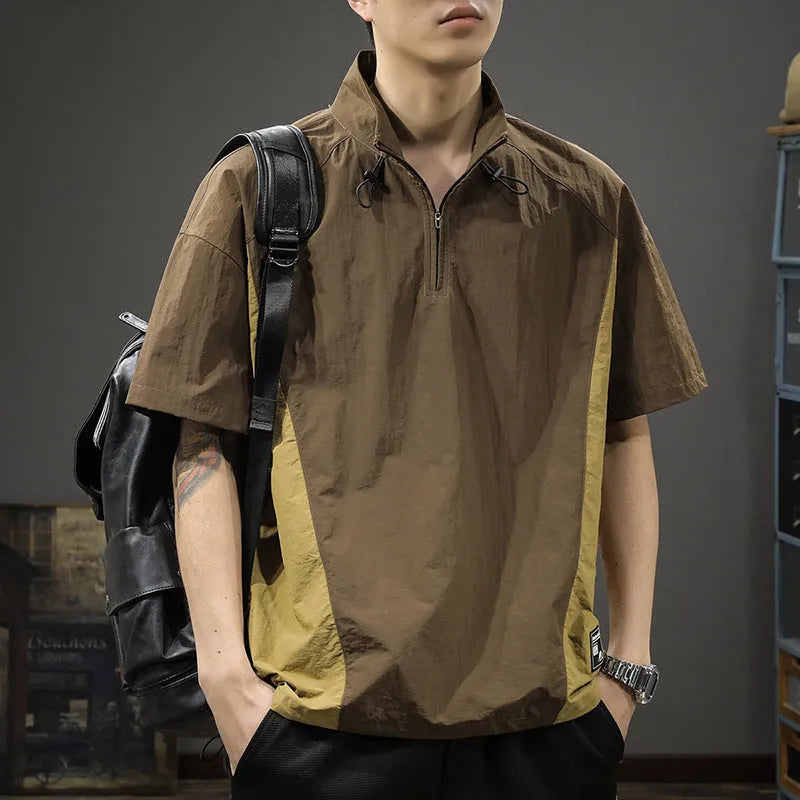 Men's brown half-zip stand collar business shirt with short sleeves and loose fit for summer