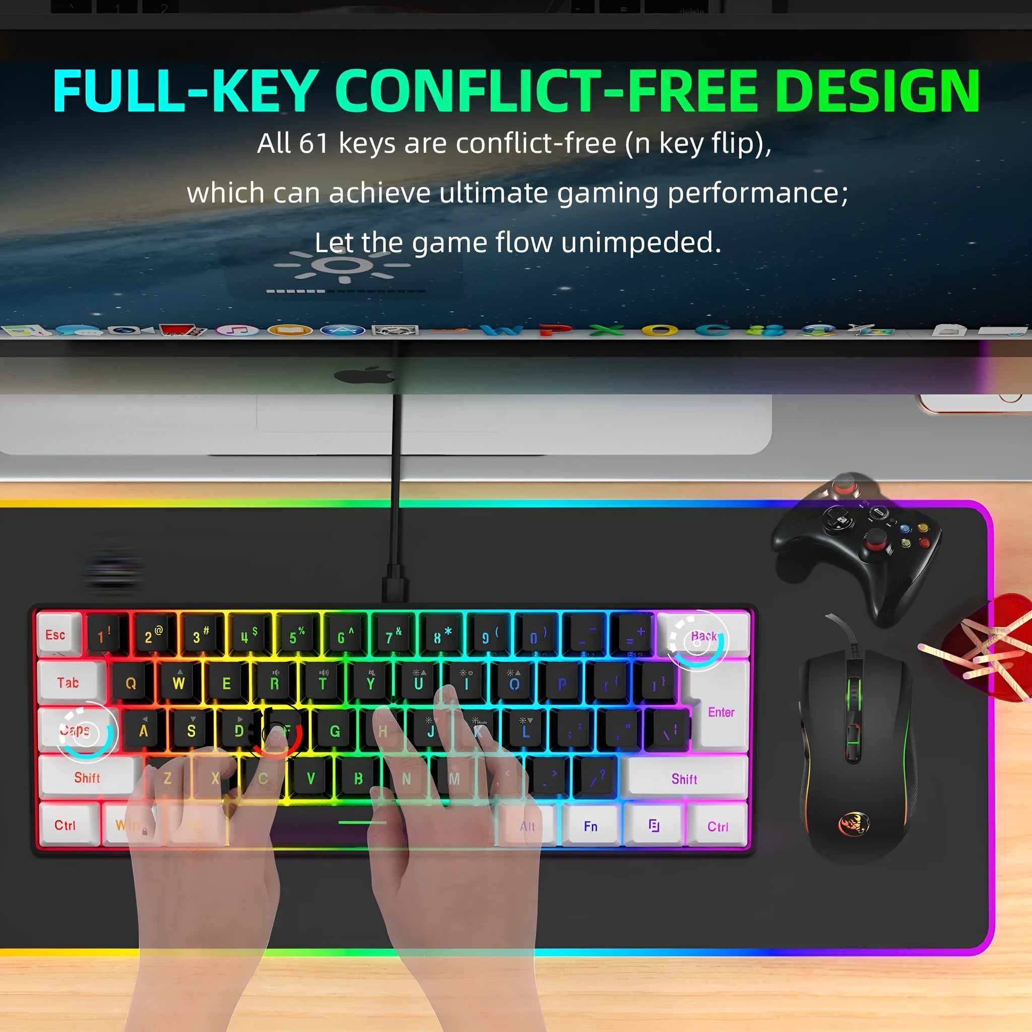 White and black gaming keyboard and mouse set with backlight illumination