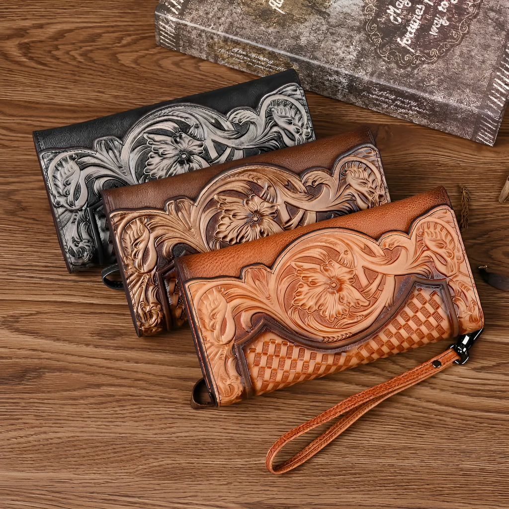 Women's brown genuine leather tri-fold wallet with embossed floral pattern showing open compartments