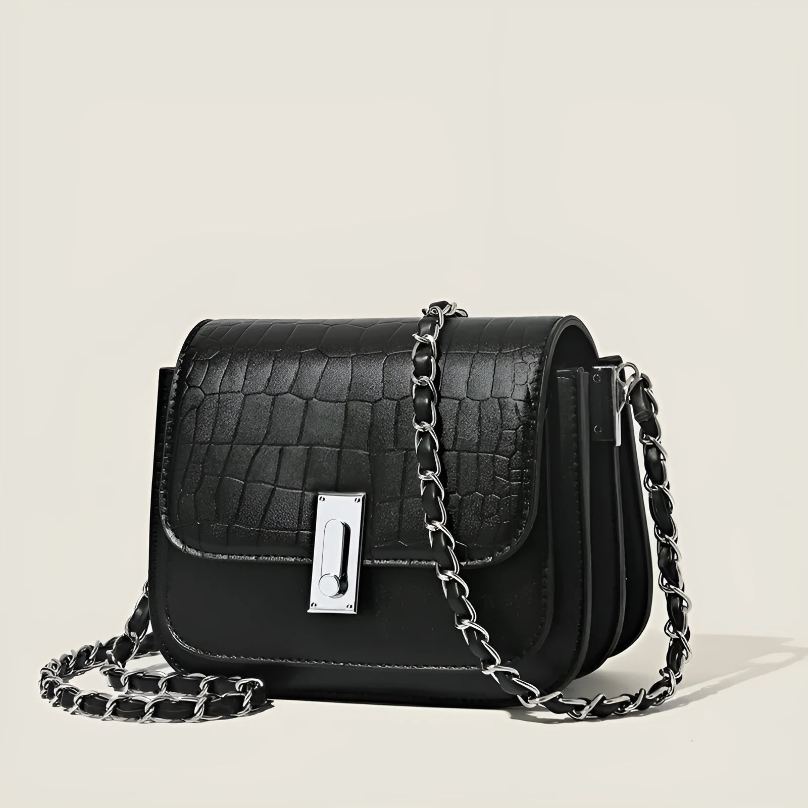 Women's soft PU horizontal square crossbody shoulder bag in black, shown with phone compartment.