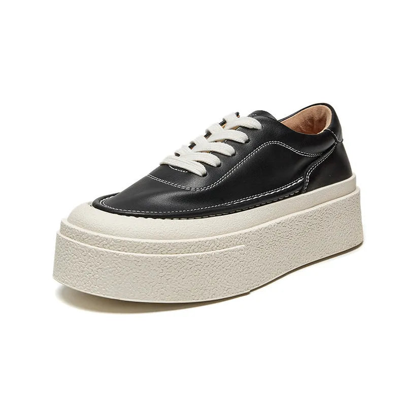 Women's black platform sports board shoes with cowhide leather upper and round toe design