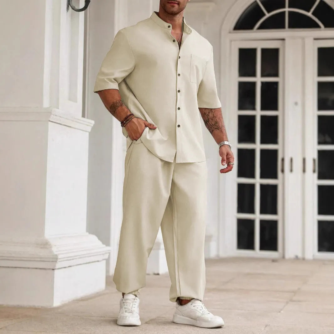 Men's linen cotton short sleeve button shirt with matching trousers casual set in three colours