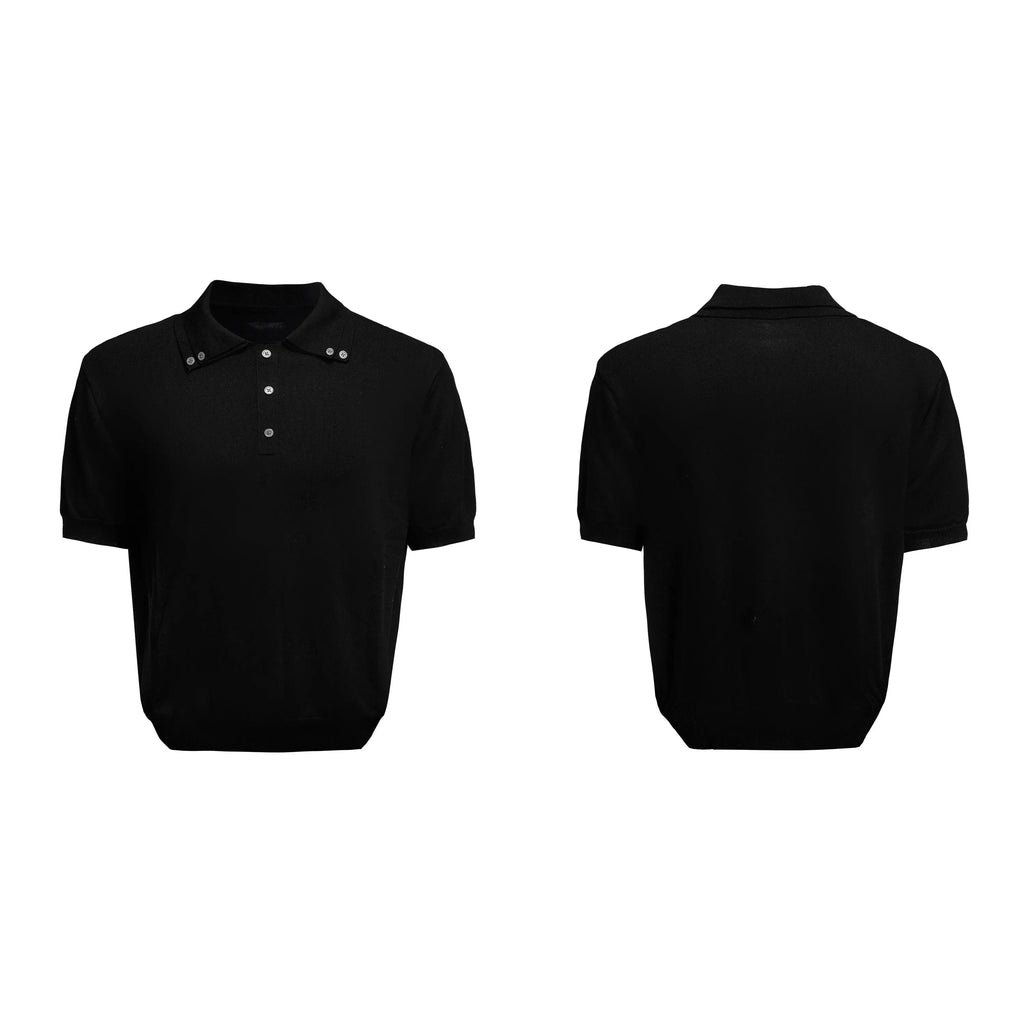 Men's black polyester short sleeve shirt with double collar lapel design and fastener decoration