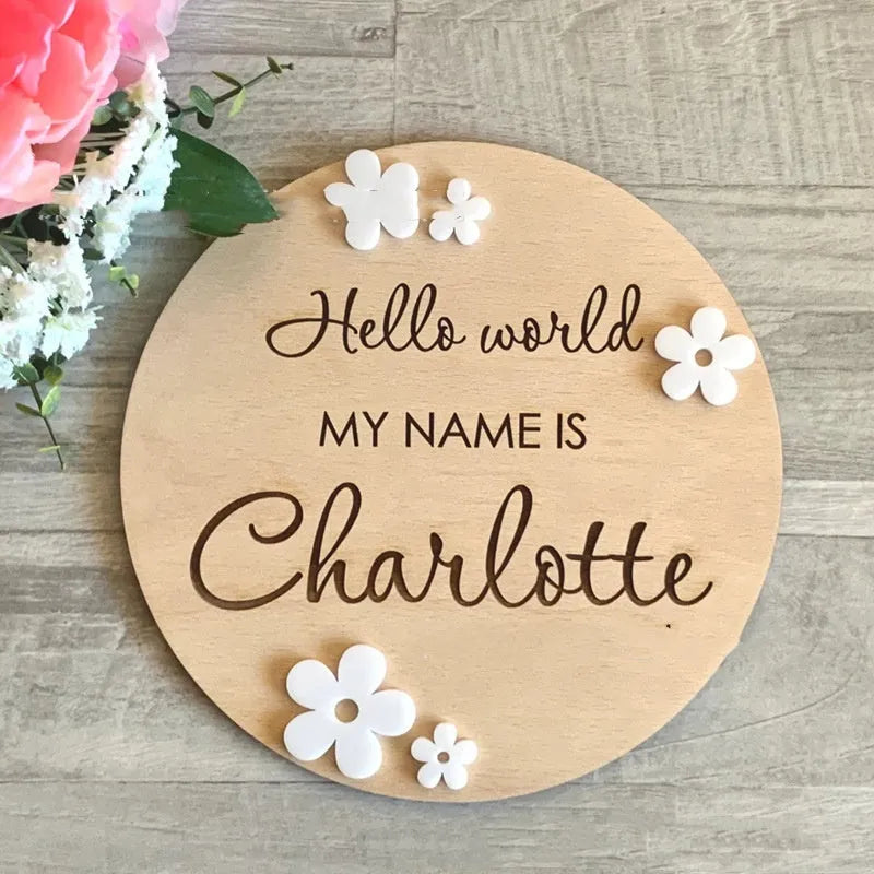 Square wooden plaque for baby's name and birth details on plywood