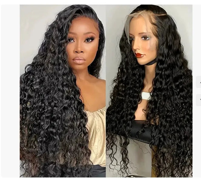 Curly human hair lace front wig on a stand, showing 13x4 lace and long length.