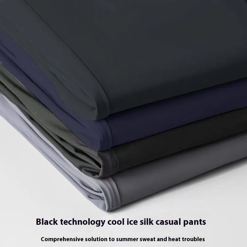 Men's ice silk straight loose trousers with elastic waist in black colour