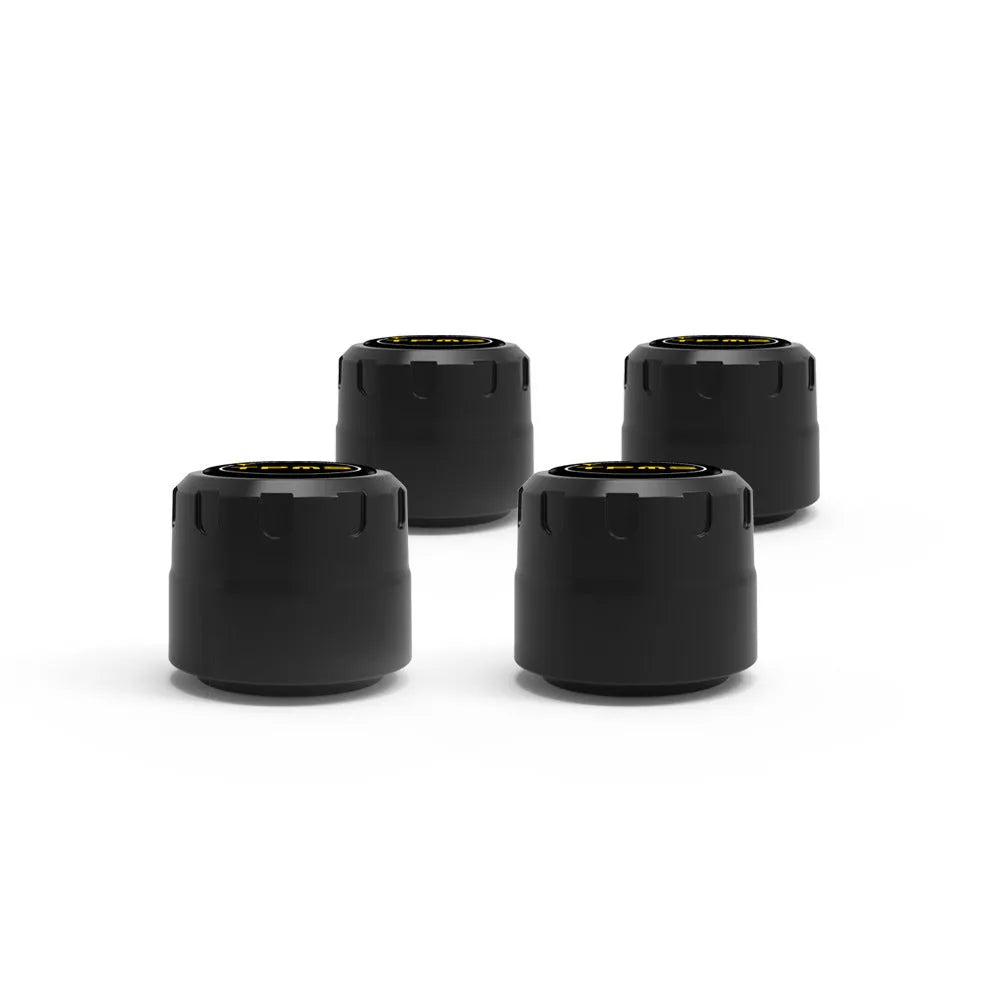 Bluetooth 5.0 automotive tire pressure monitoring system with four black external sensors and installation tools