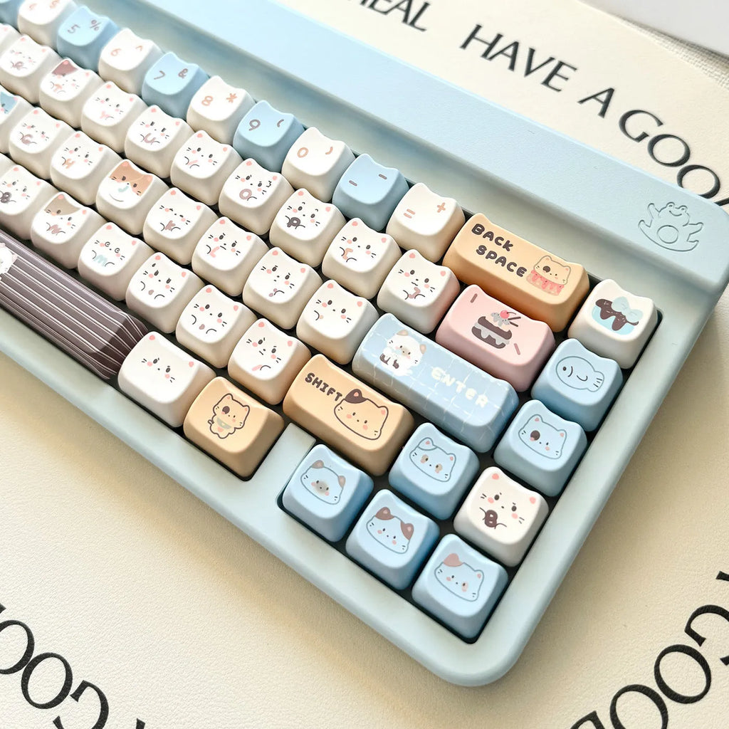 Sea salt cat themed PBT sublimation key cap set for mechanical keyboards showing full 26-piece layout