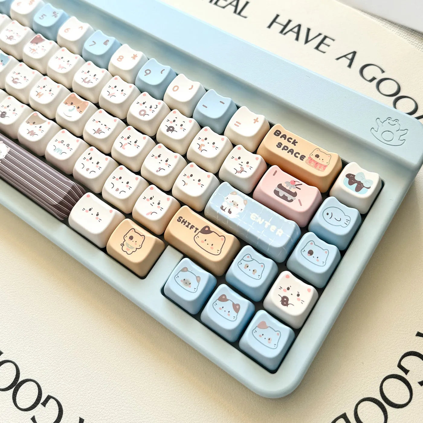 Sea salt cat themed PBT sublimation key cap set for mechanical keyboards showing full 26-piece layout