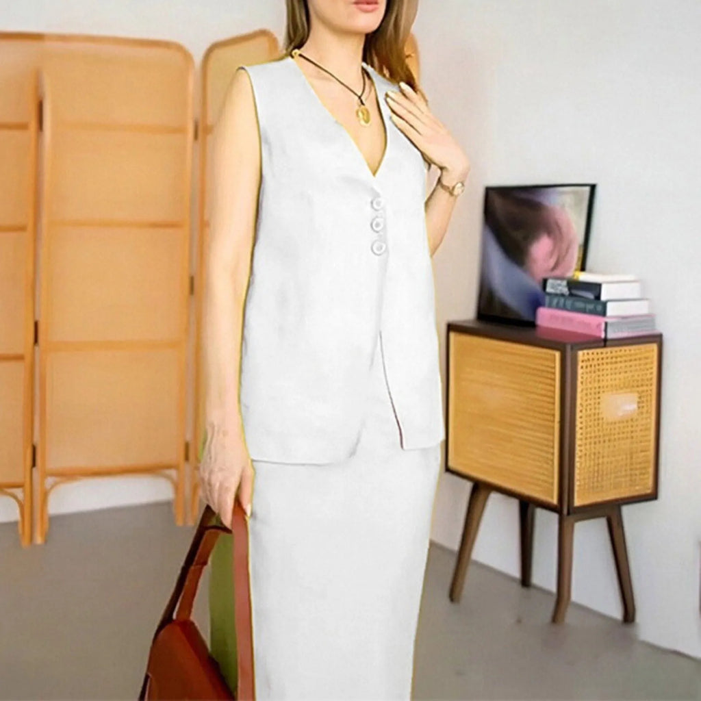Women's polyester two-piece set with sleeveless vest top and long skirt in blue colour