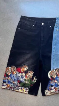 Men's cotton tapered shorts with Jesus printed back pocket detail in blue or black