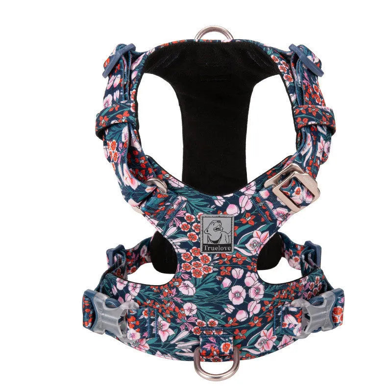 Floral pattern pure cotton dog chest harness shown on a model, demonstrating the pull-resistant strap design.