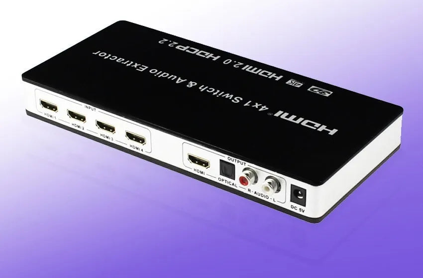 Black HDMI switch unit with four input ports, one output port, remote control, and UK plug power adapter.